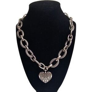 Brighton Cordoba Silver Textured Chain-Link Heart Scroll Work Pendant Necklace